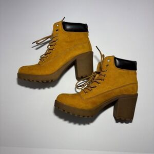 Rouge Helium Women Wheat Faux Suede Lace Up Chunky Block Heel Lug Sole Boots 7.5